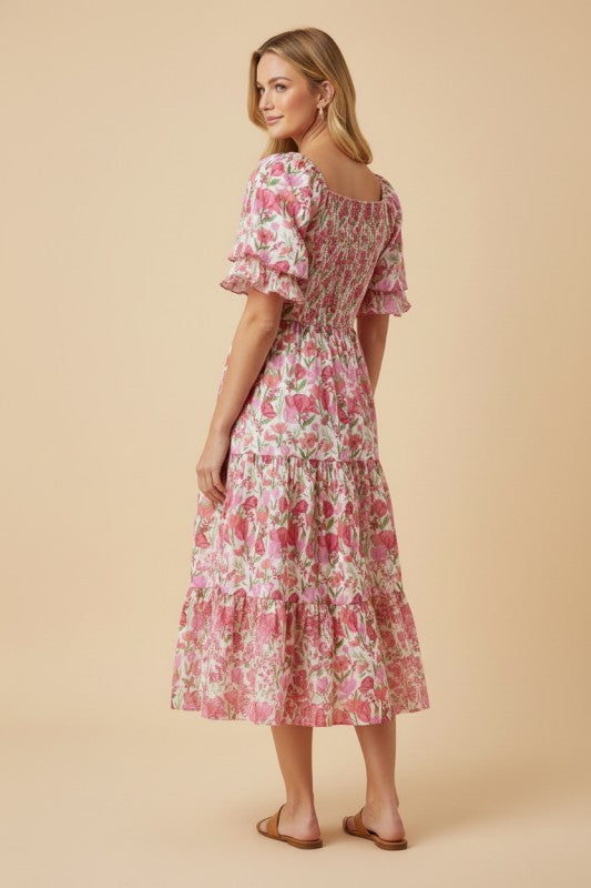 Floral pink Tulip Sleeve Midi Dress