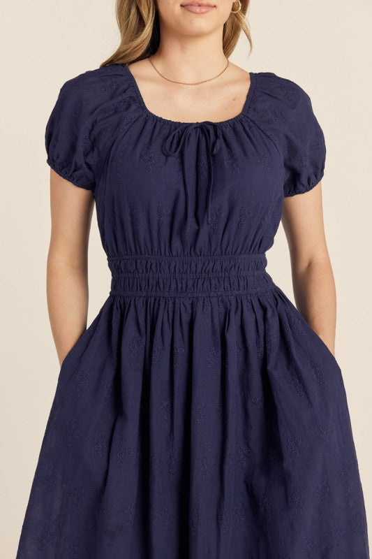 Embroidered Navy Blue Midi Dress