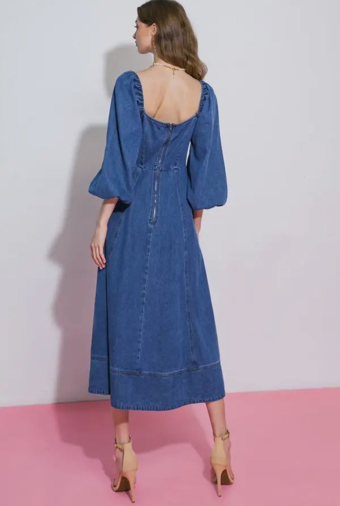 Denim Puff-Sleeve Midi Dress