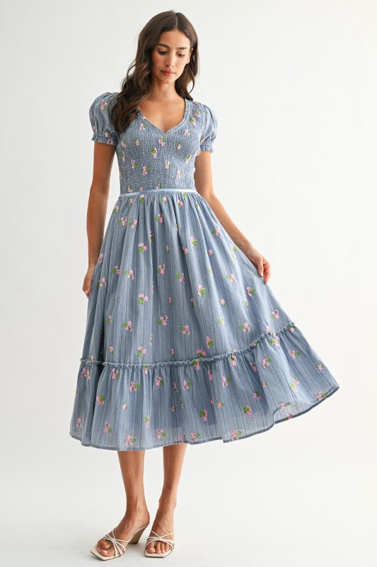 Embroidery floral midi dress