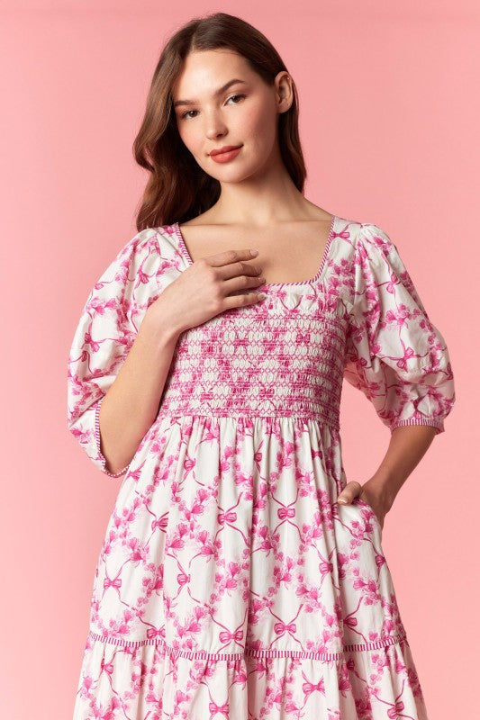 Stripe binding Floral Print open Back Tier Midi