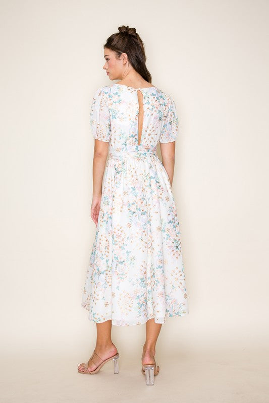 Floral midi dress with waist Belt