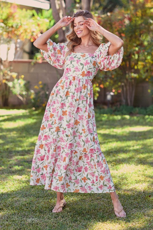 Spring floral puff sleeves Midi dress