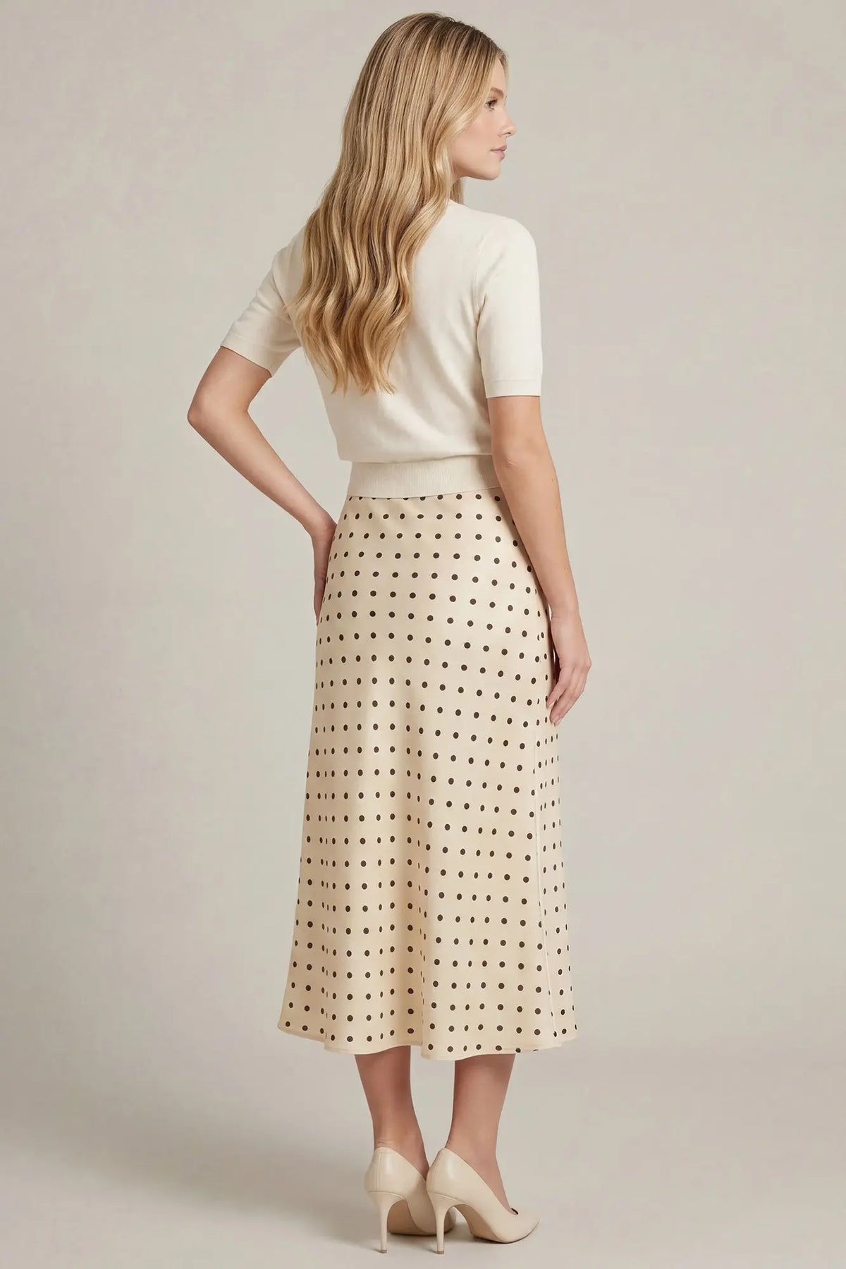 WOVEN POLKA DOT PRINT MIDI SKIRT