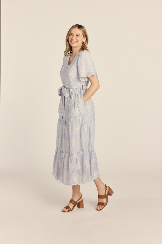 Embroidered detailed Stripped Midi Dress