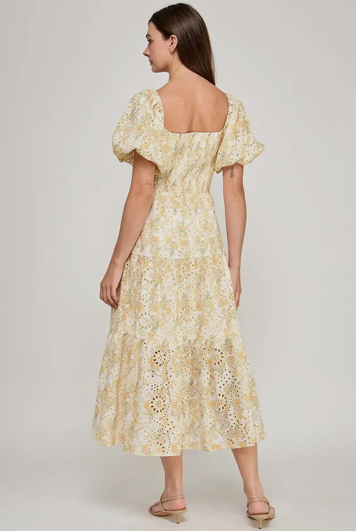Embroidery Bubble sleeves Midi dress