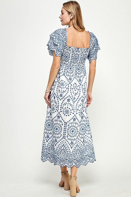 Embroidered maxi dress with flutter sleeves