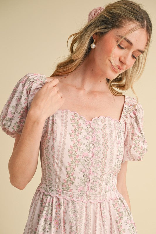 Floral Puff sleeve Tiered Midi dress