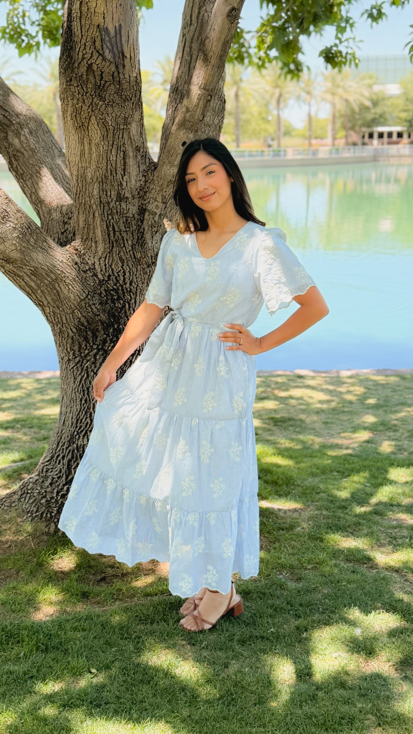 Embroidered detailed Stripped Midi Dress
