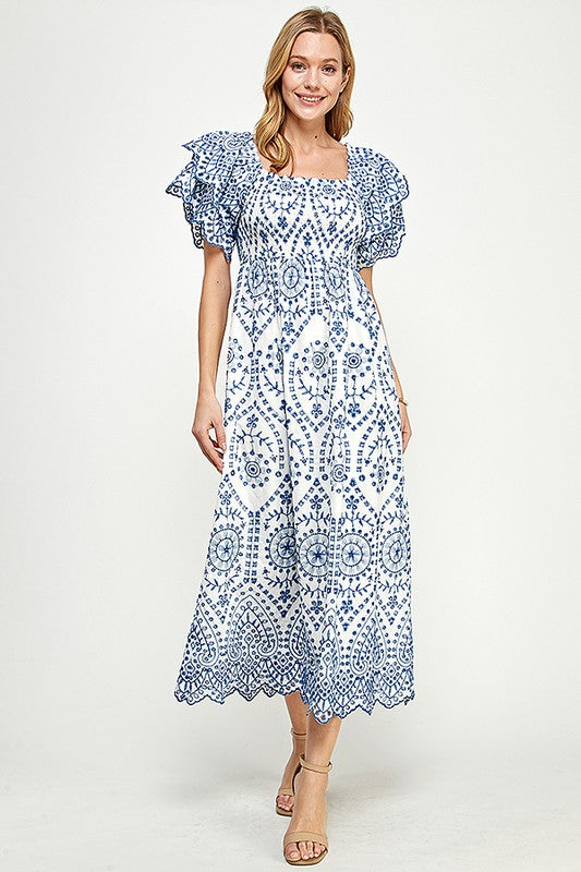 Embroidered maxi dress with flutter sleeves
