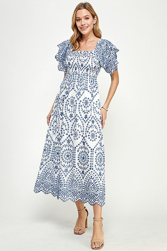 Embroidered maxi dress with flutter sleeves