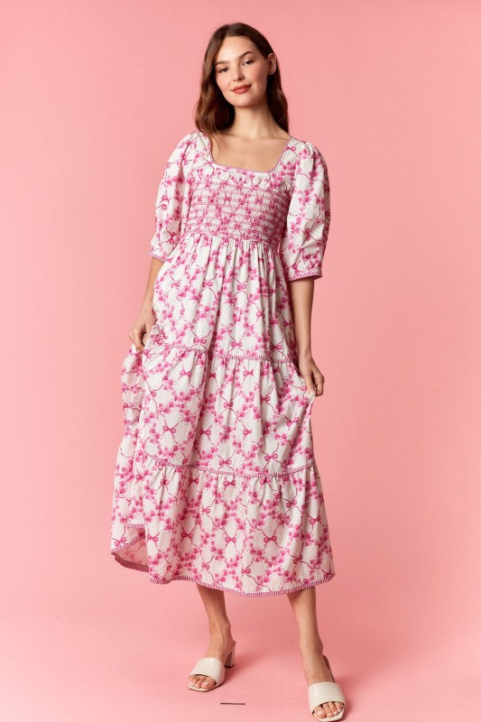 Stripe binding Floral Print open Back Tier Midi