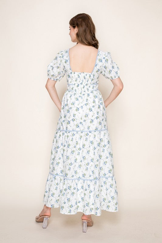 Square neck puff sleeve maxi dress with lace