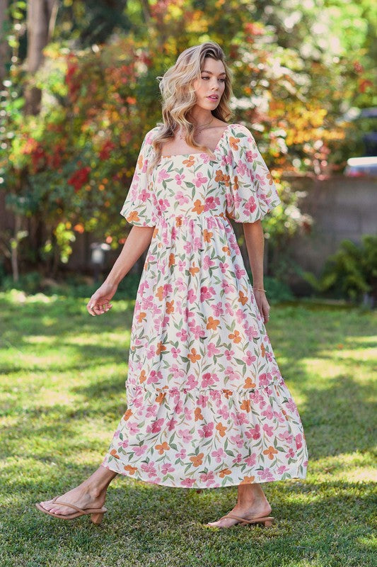 Spring floral puff sleeves Midi dress