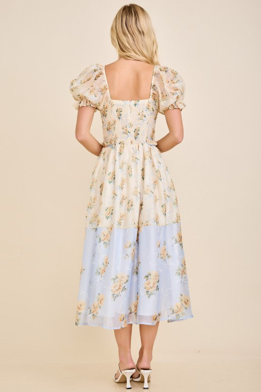 Floral print color Block midi dress