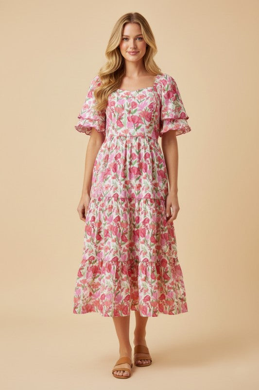 Floral pink Tulip Sleeve Midi Dress