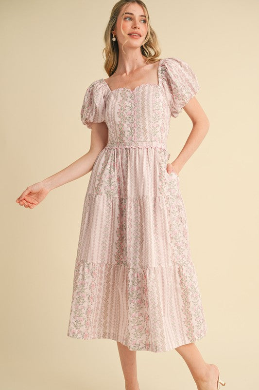 Floral Puff sleeve Tiered Midi dress