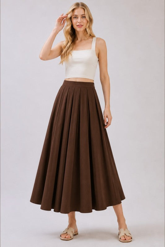 Pleated cotton Back zipper Maxi Skirt
