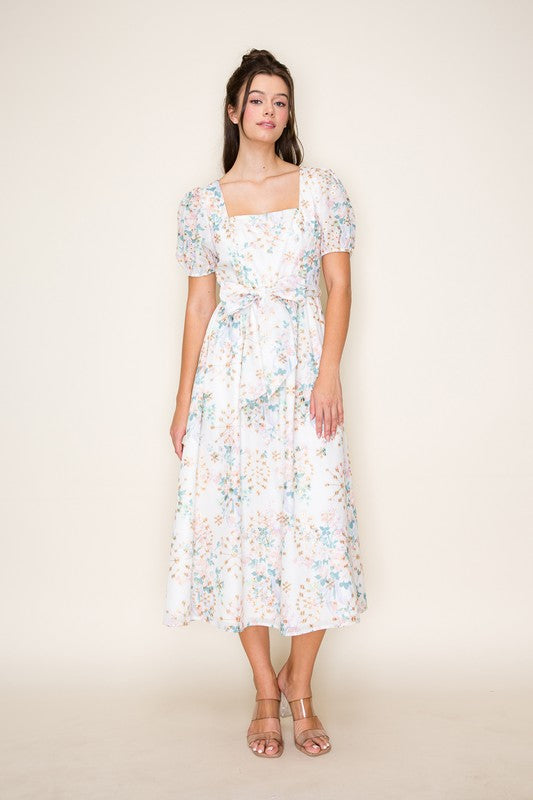 Floral midi dress with waist Belt