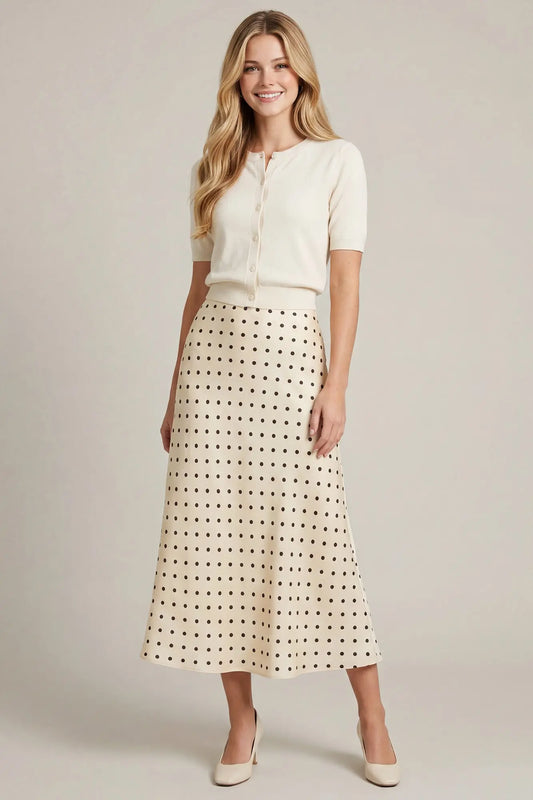 WOVEN POLKA DOT PRINT MIDI SKIRT