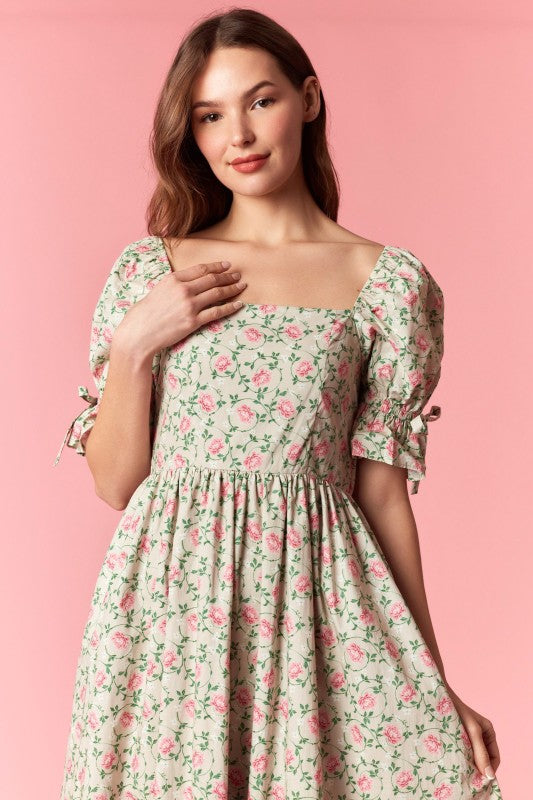 Floral print puff sleeve bow tie Flare Midi dress