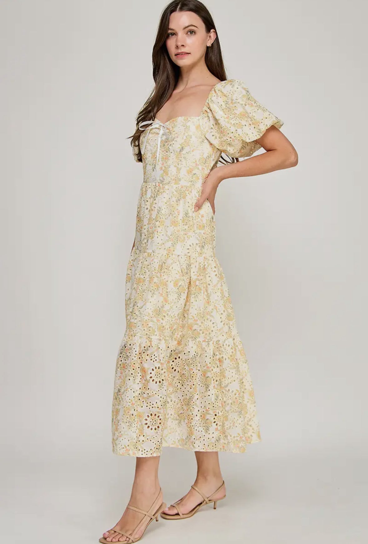 Embroidery Bubble sleeves Midi dress