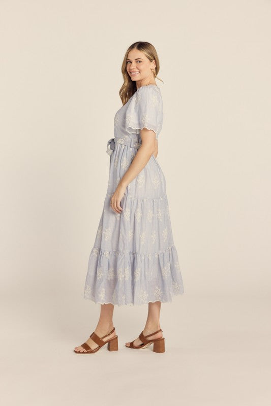 Embroidered detailed Stripped Midi Dress