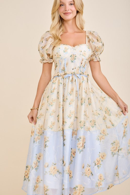 Floral print color Block midi dress