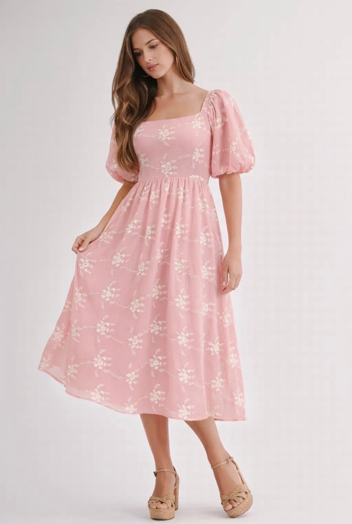 Baby pink Embroidered Midi Dress