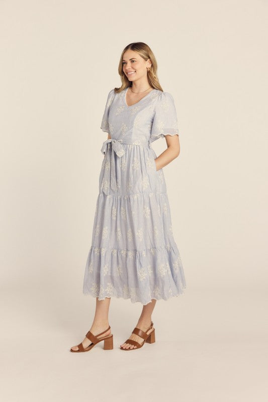 Embroidered detailed Stripped Midi Dress