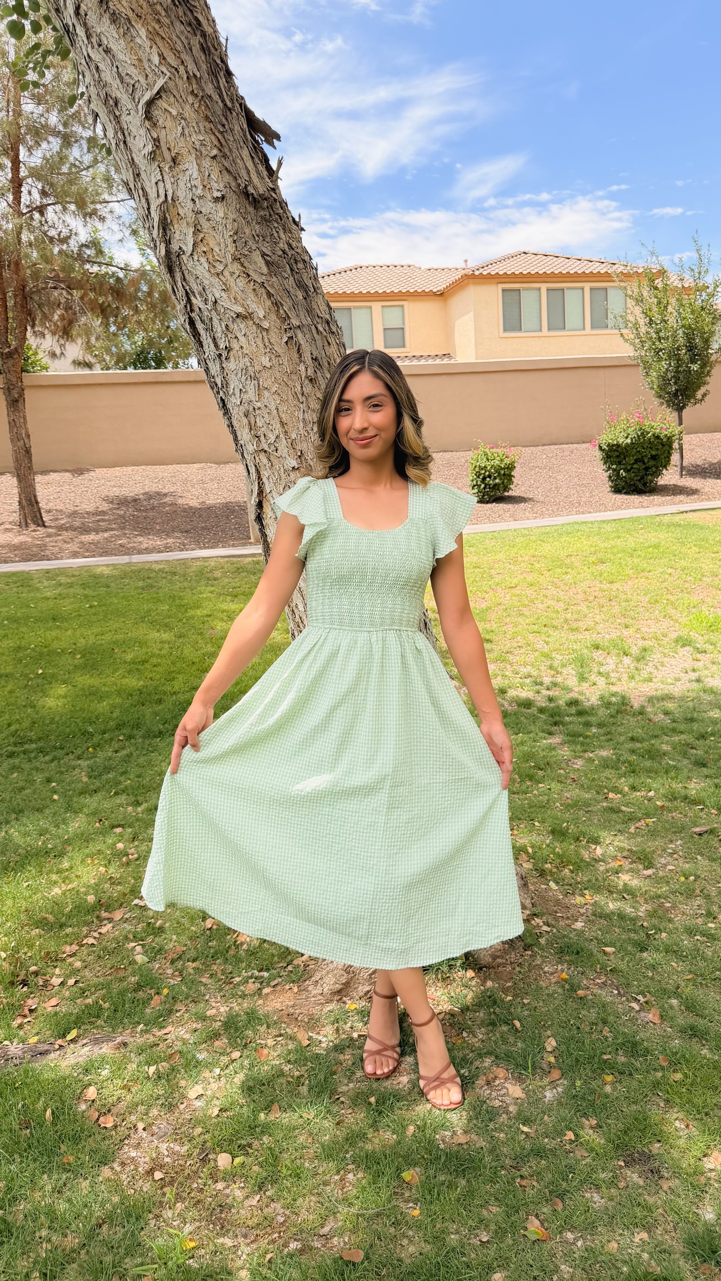 Gingham Sage Midi Dress