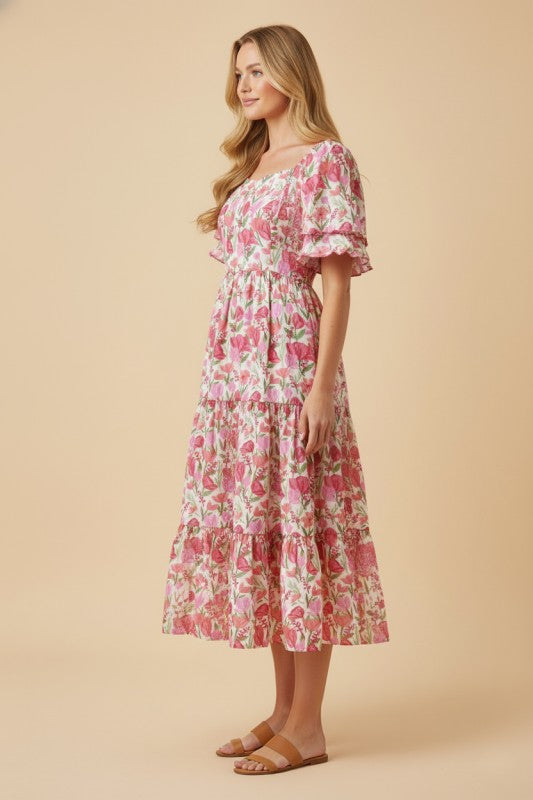 Floral pink Tulip Sleeve Midi Dress