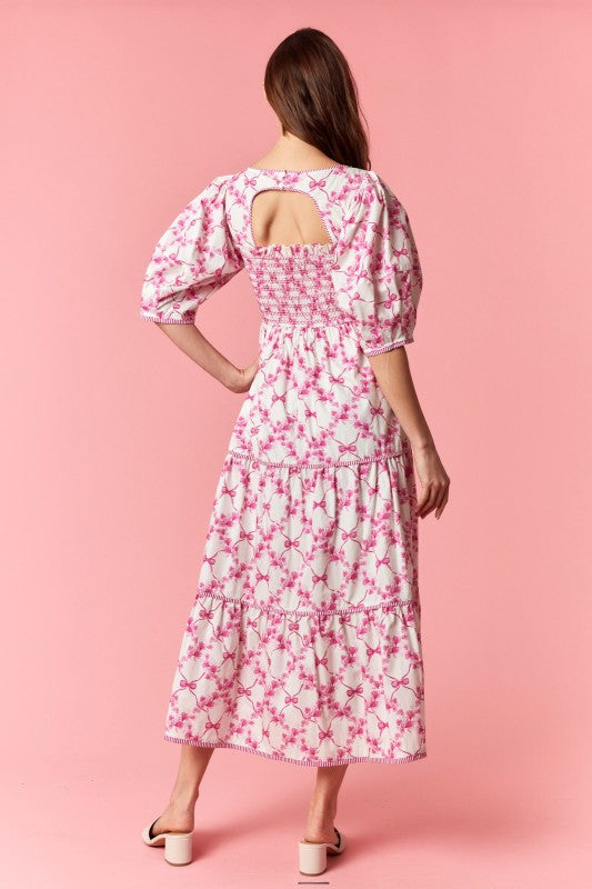 Stripe binding Floral Print open Back Tier Midi