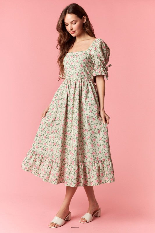 Floral print puff sleeve bow tie Flare Midi dress