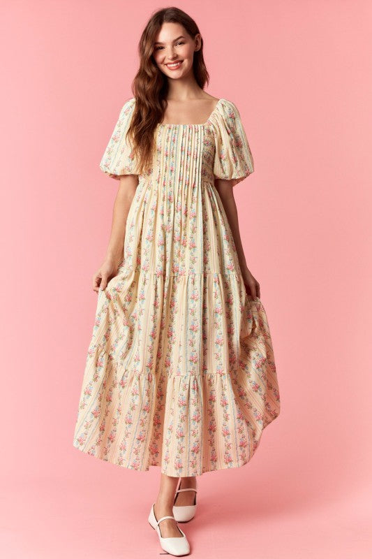 Floral striped Bubble sleeve maxi dress