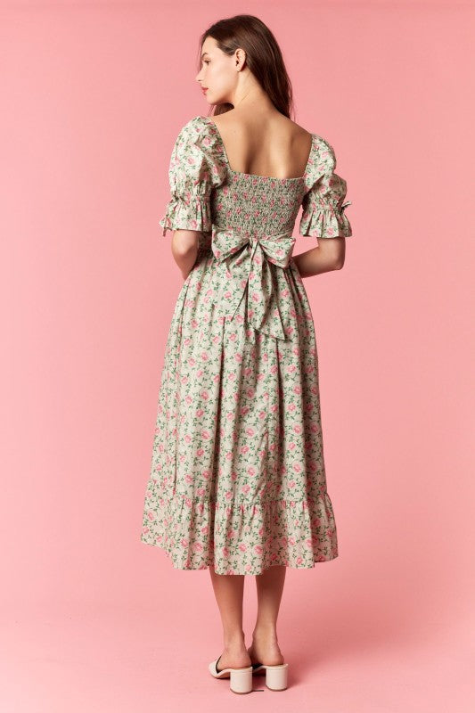 Floral print puff sleeve bow tie Flare Midi dress
