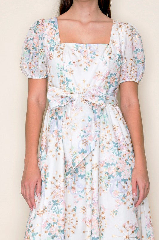 Floral midi dress with waist Belt