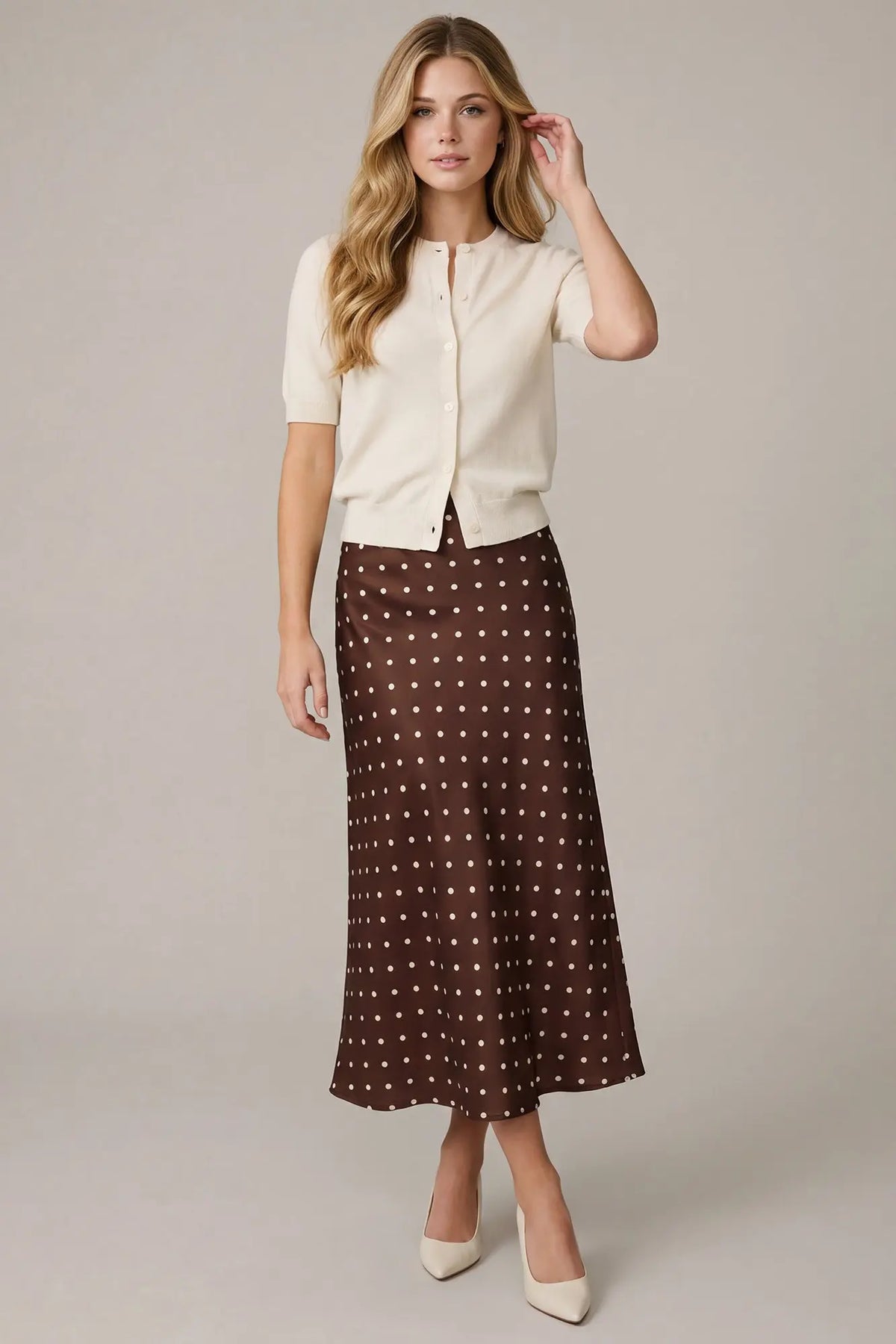 Woven Polka Dot Print Midi Skirt
