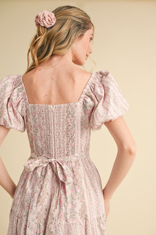 Floral Puff sleeve Tiered Midi dress