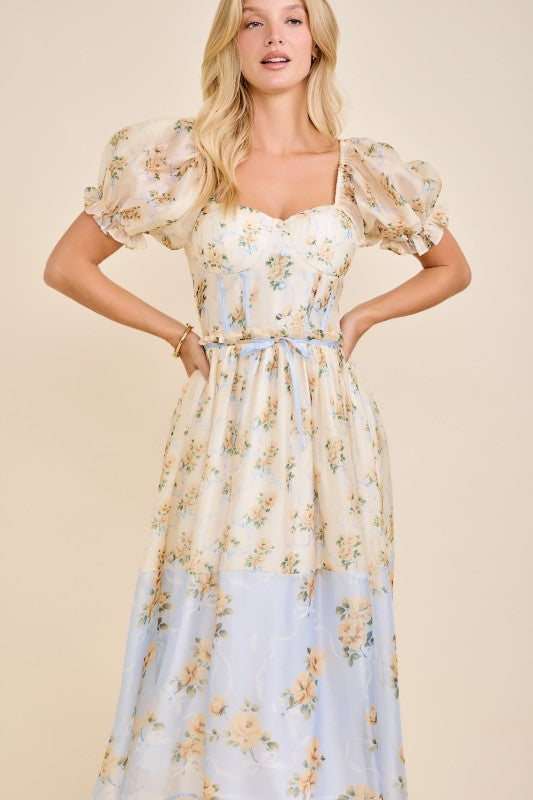 Floral print color Block midi dress