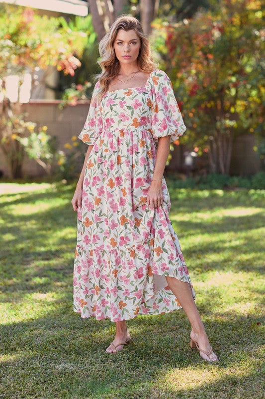 Spring floral puff sleeves Midi dress