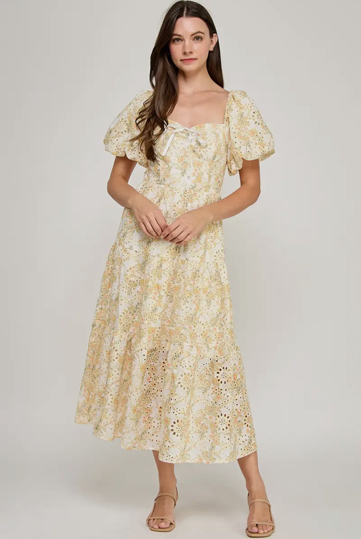 Embroidery Bubble sleeves Midi dress