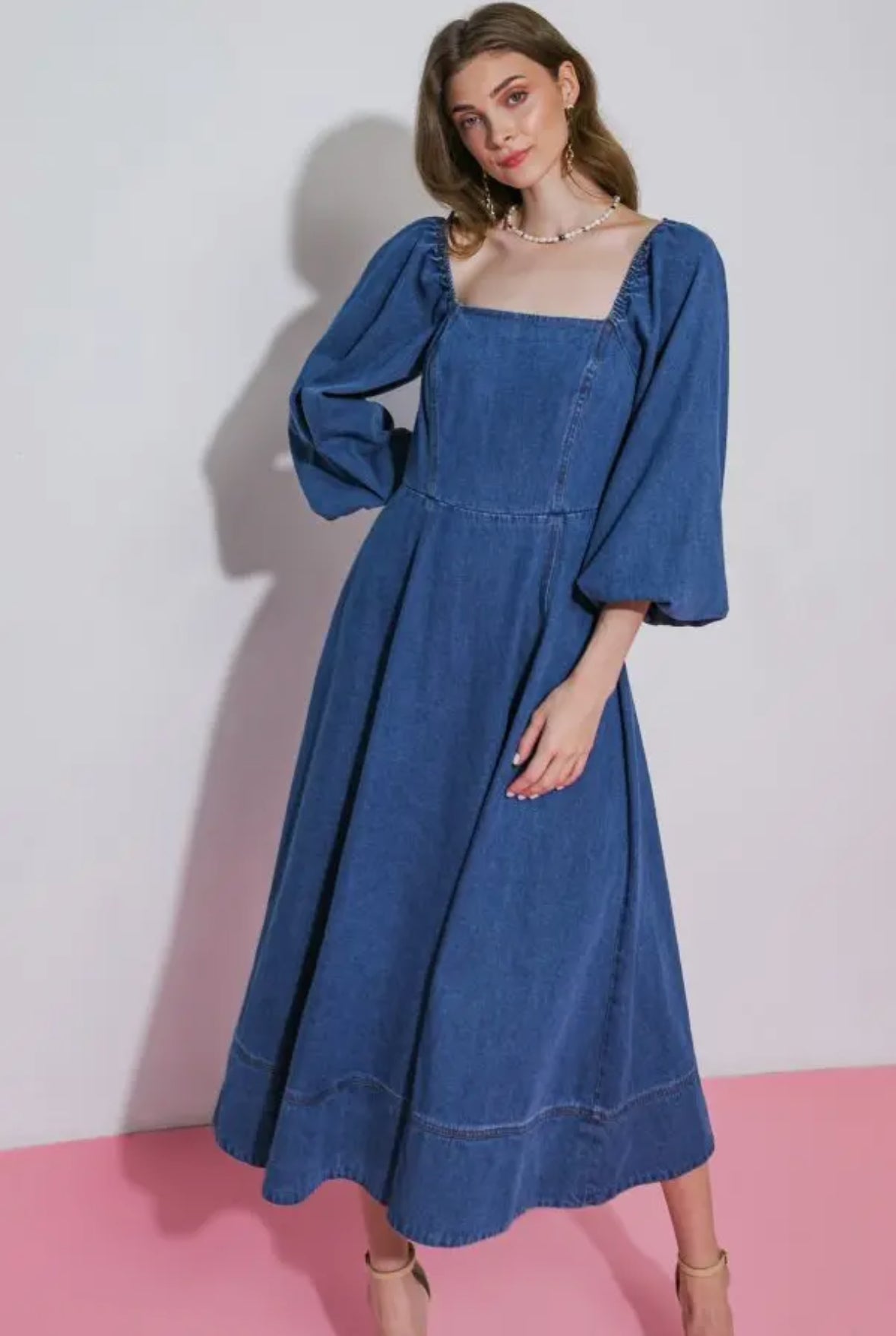 Denim Puff-Sleeve Midi Dress