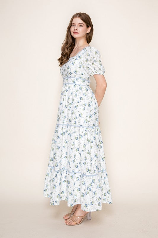 Square neck puff sleeve maxi dress with lace