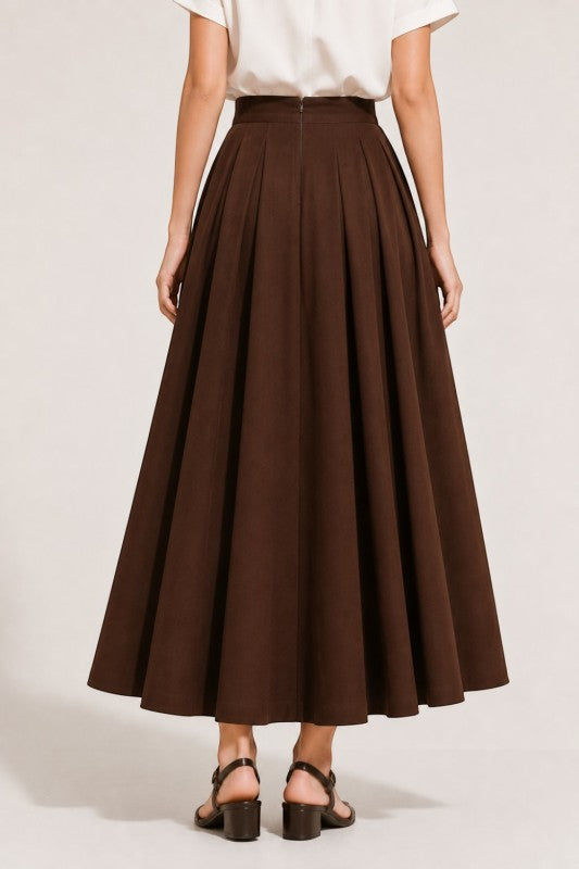 Pleated cotton Back zipper Maxi Skirt