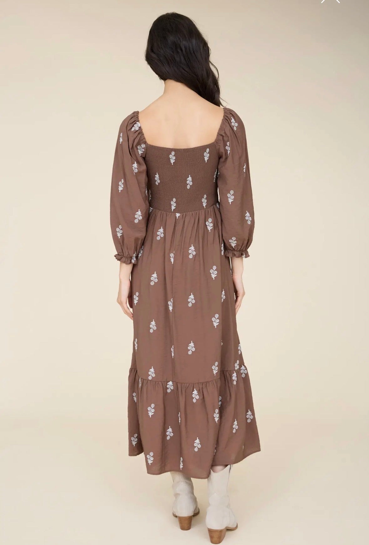 Floral embroidery Long Sleeve Smocked Midi Dress