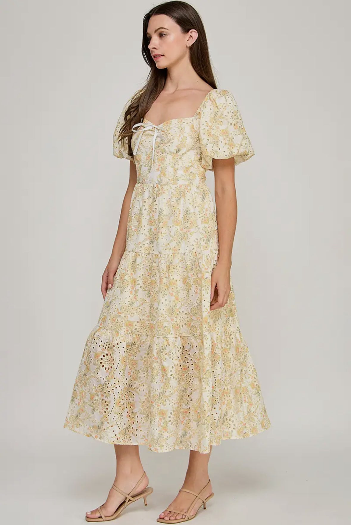 Embroidery Bubble sleeves Midi dress