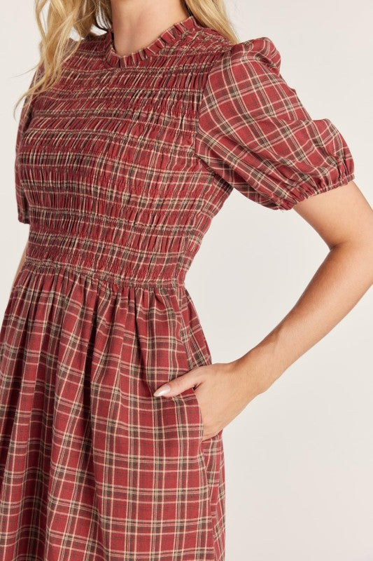 Christmas Plaid Smocked Midi Dress