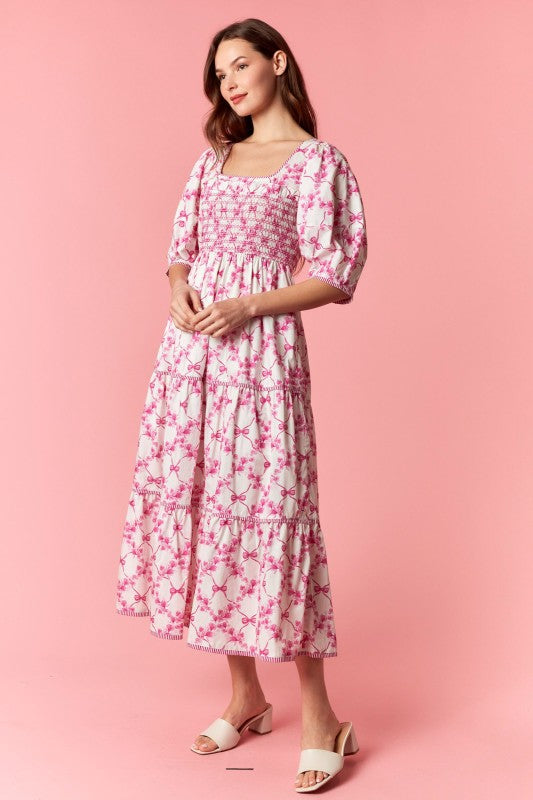 Stripe binding Floral Print open Back Tier Midi