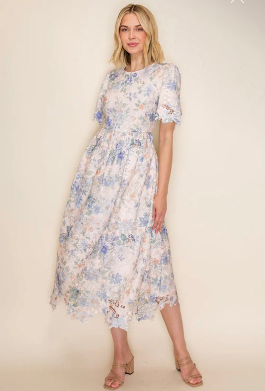 Floral lace Midi Dress with Scalloped Hem